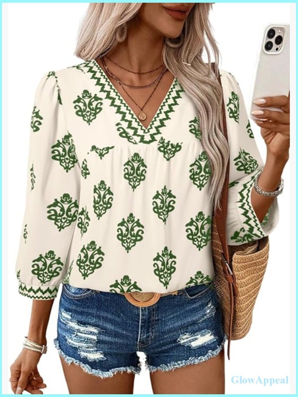 V Neck Floral Print Chiffon Blouse 3/4 Sleeve Boho Summer Top